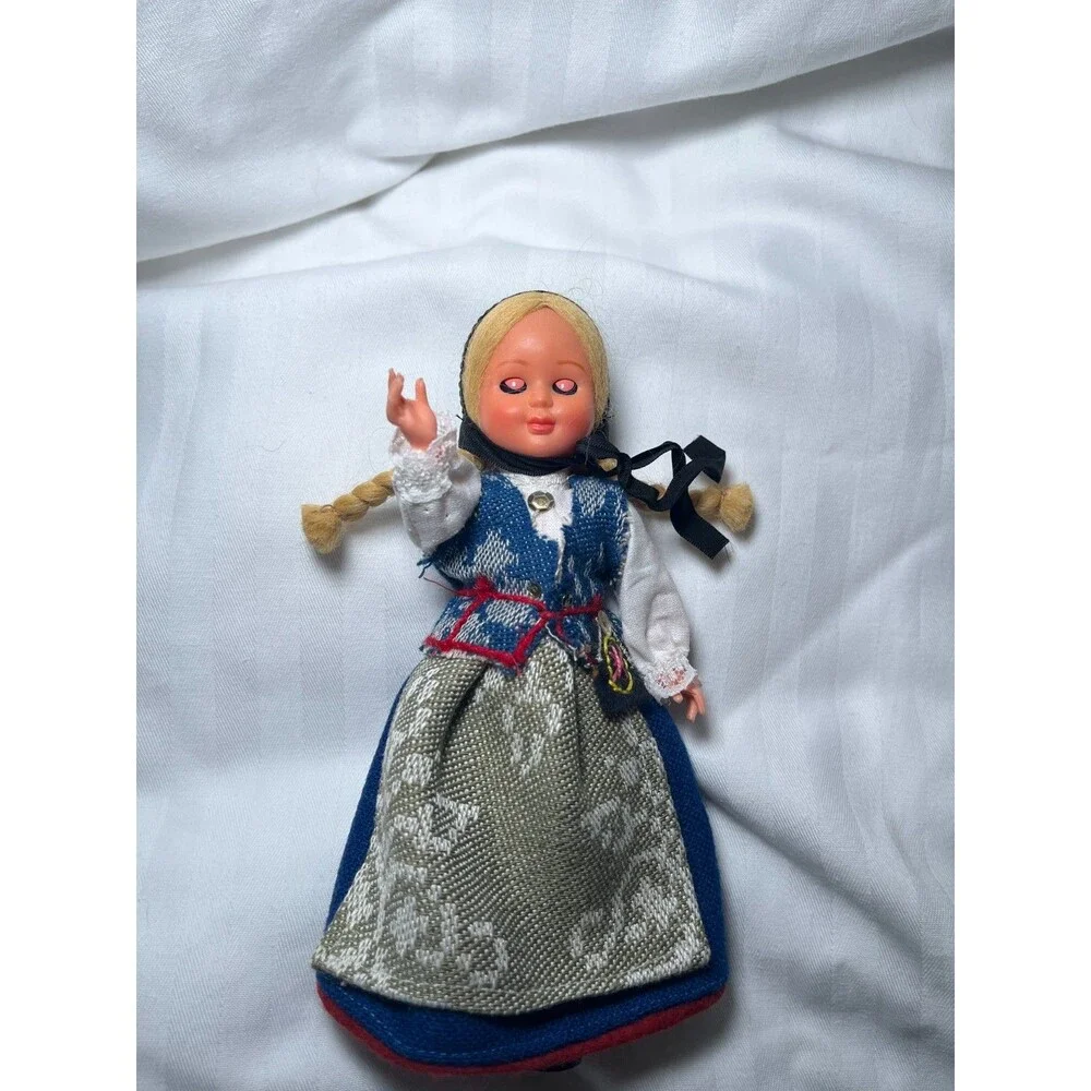 Vintage Scandinavian Folk Doll 6.5” Blonde Braids Blue Dress Ethnic Costume